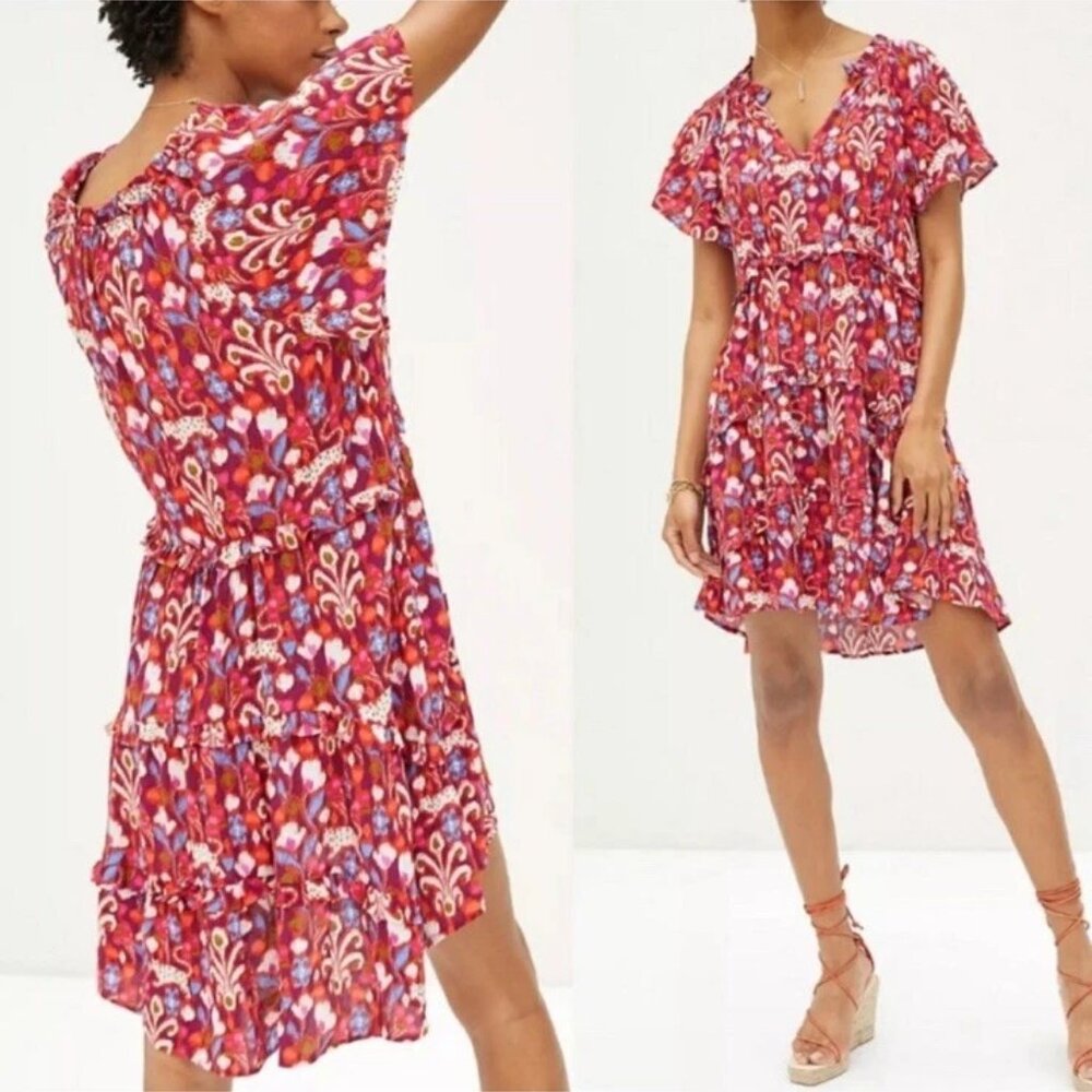 Anthropologie Pink Multi Ikat‎ Floral Leopard Print Tiered Mini Dress Womens S